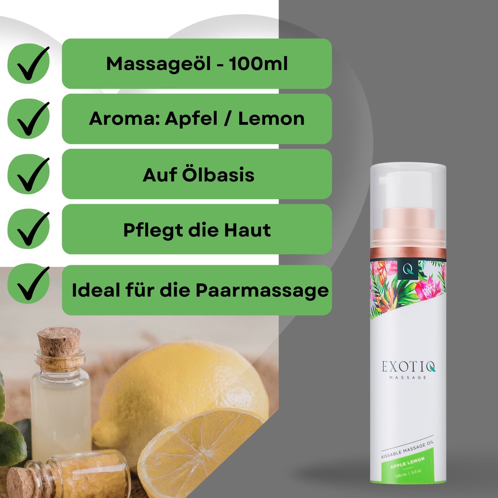Produktpräsentation mit Massageöl-Flasche, Zitrone, und Fläschchen. Text: Massageöl, Aroma Apfel/Lemon, Auf Ölbasis.