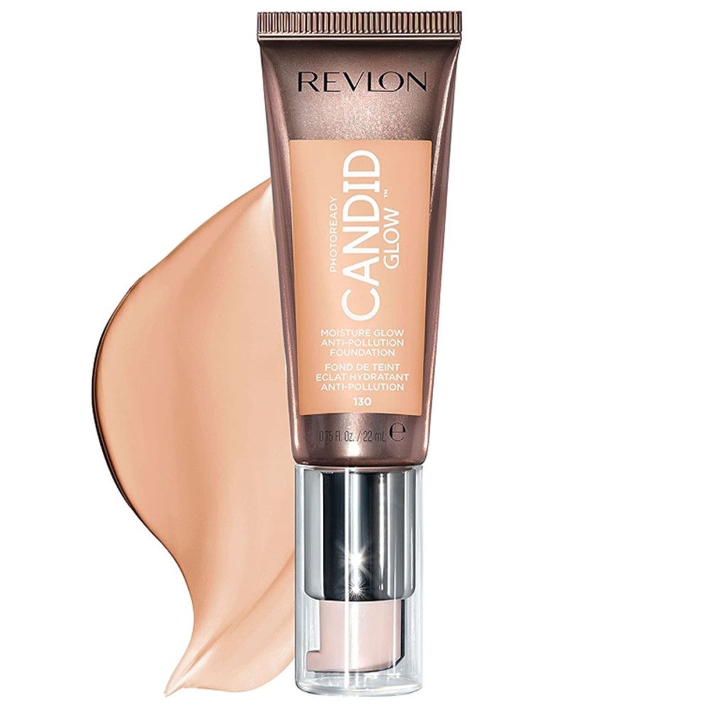 Revlon PhotoReady Candid Glow Foundation. Tube mit Produkt und Farbklecks. Text: CANDID GLOW, Moisture Glow Anti-Pollution.