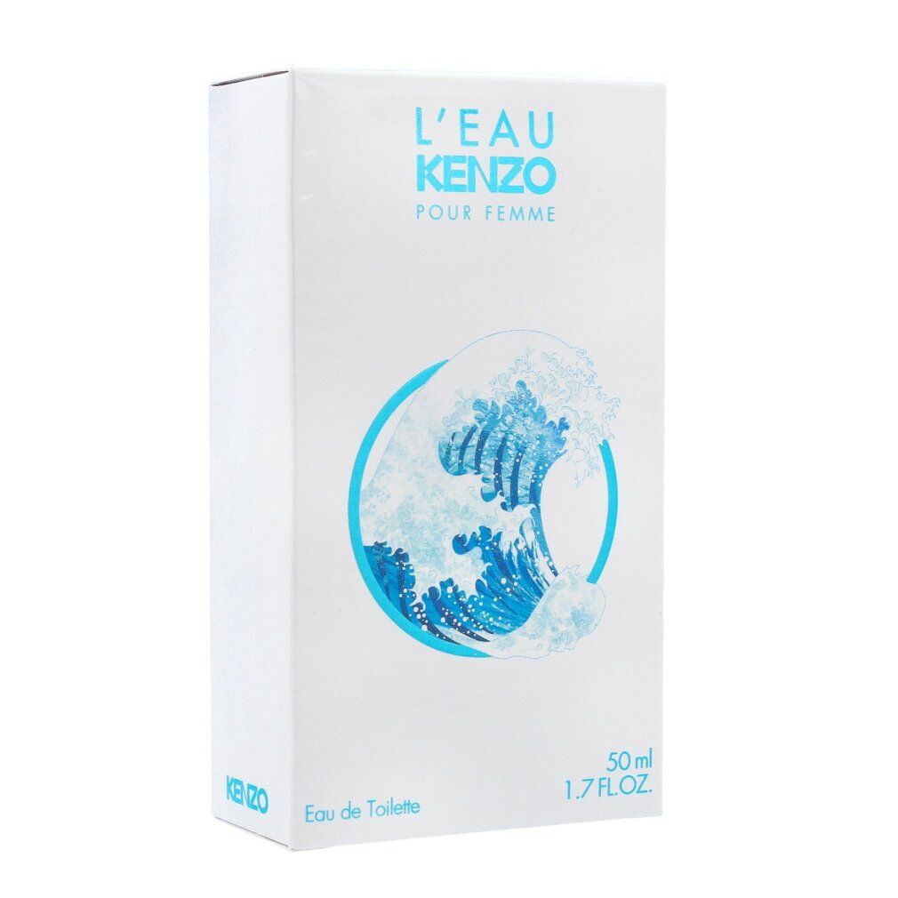 Weiße Verpackung mit blauem Wellenmuster. Text: L'EAU KENZO POUR FEMME, Eau de Toilette, 50 ml, 1.7 FL.OZ. Logo KENZO.