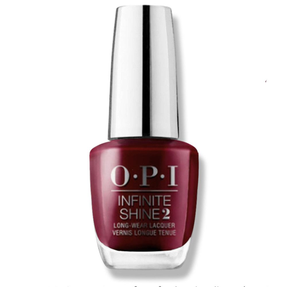 Nagellackflasche mit silbernem Deckel. OPI Infinite Shine 2. Dunkelroter Nagellack.