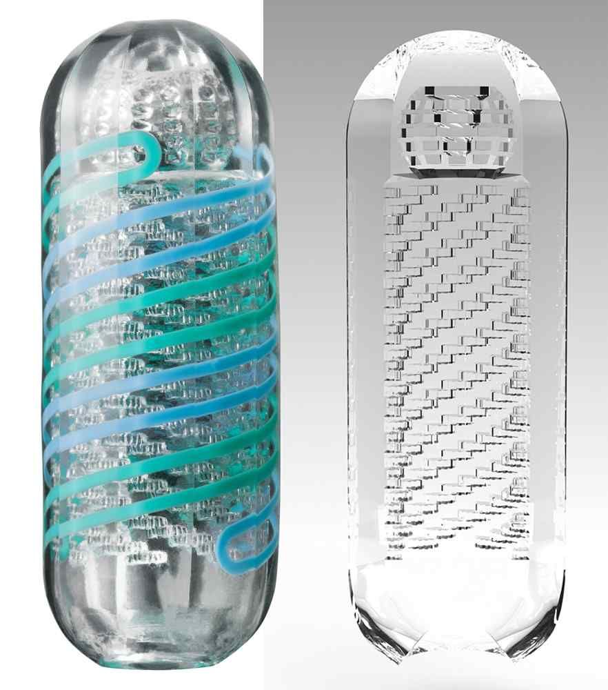 Zwei transparente, längliche Objekte nebeneinander. Links: farbige Spiralstreifen. Rechts: Innenstruktur mit Noppen.