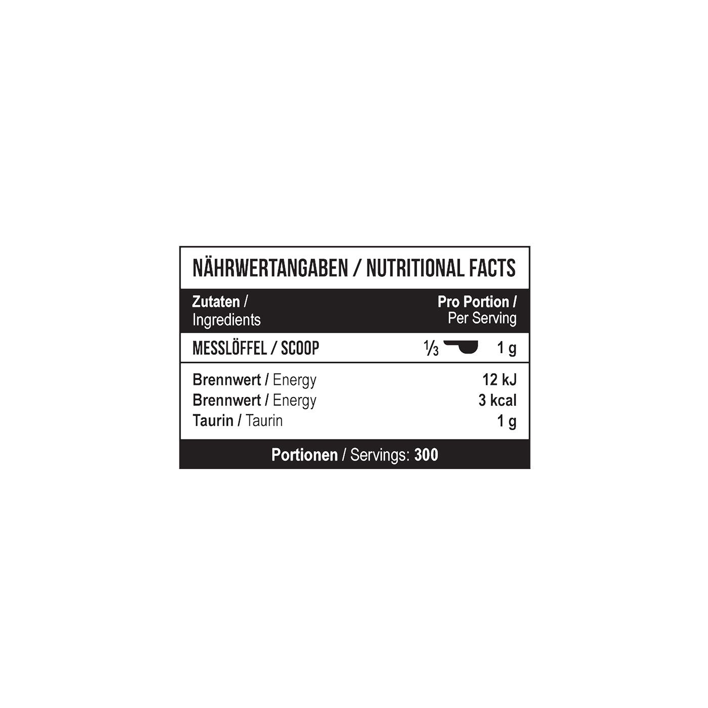 Nährwertangaben auf schwarzem Hintergrund. Enthält Informationen zu Energie und Taurin pro Portion.