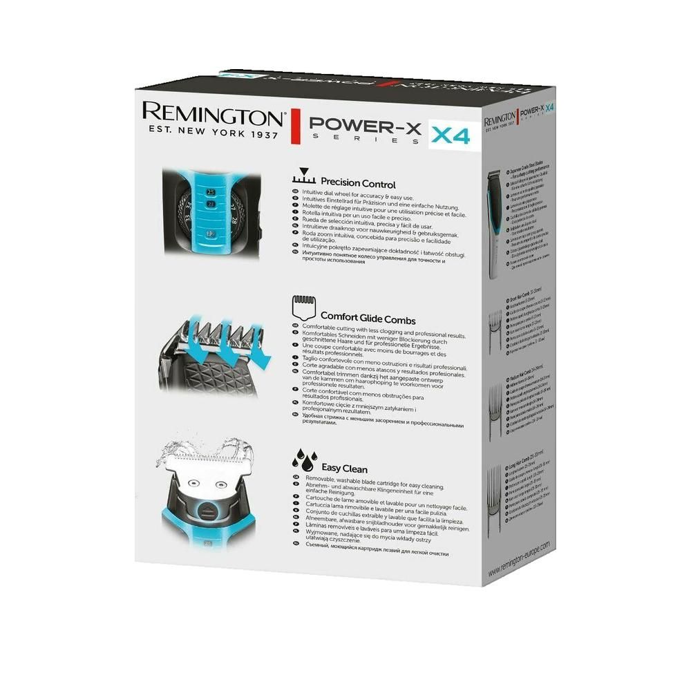 Produktverpackung. Remington Power-X X4. Details zu Präzisionskontrolle, Comfort Glide Kämmen und Easy Clean.