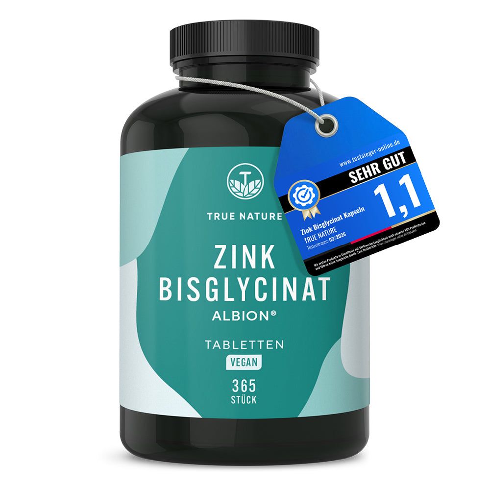 TRUE NATURE Zink Bisglycinat Tabletten Flasche mit Siegel 'Sehr Gut'.
