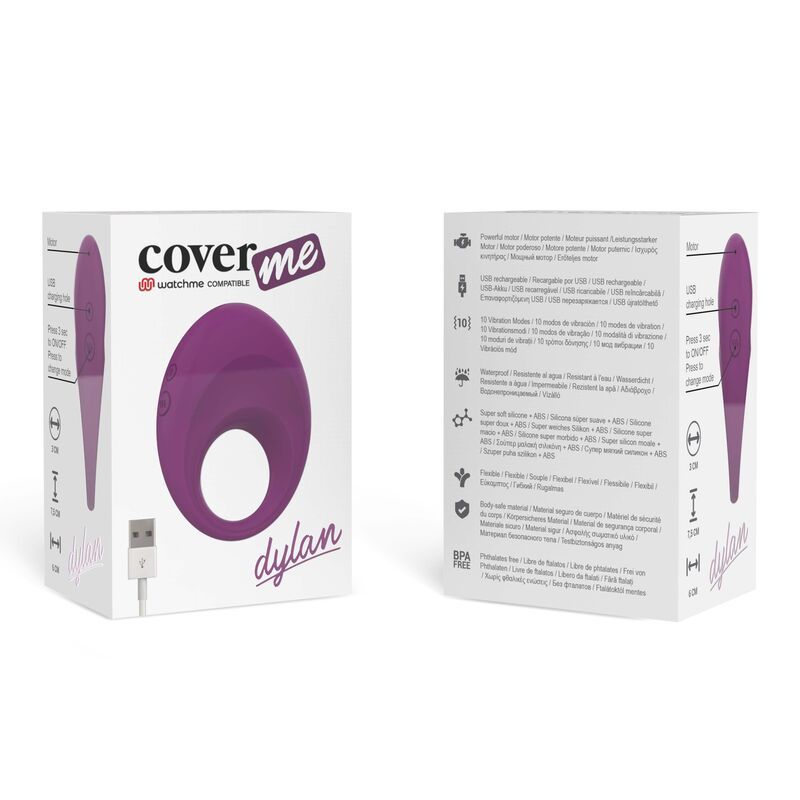 Verpackung des Coverme Dylan Vibro-Penisrings mit Produktabbildung und technischen Details.