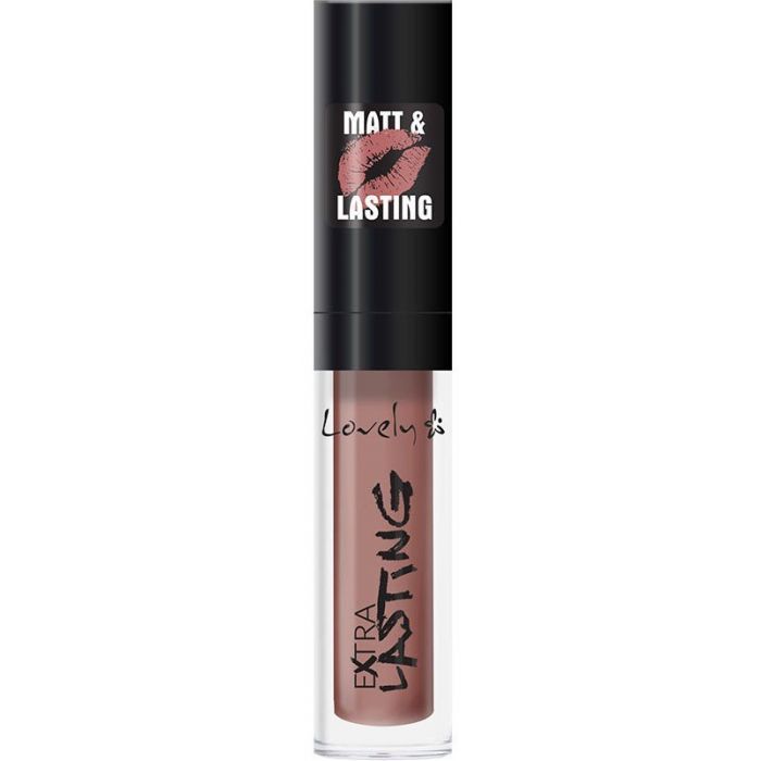 Flüssiger Lippenstift in einer transparenten Hülse. Schwarzer Deckel mit Aufschrift "Matt & Lasting". Marke Lovely.