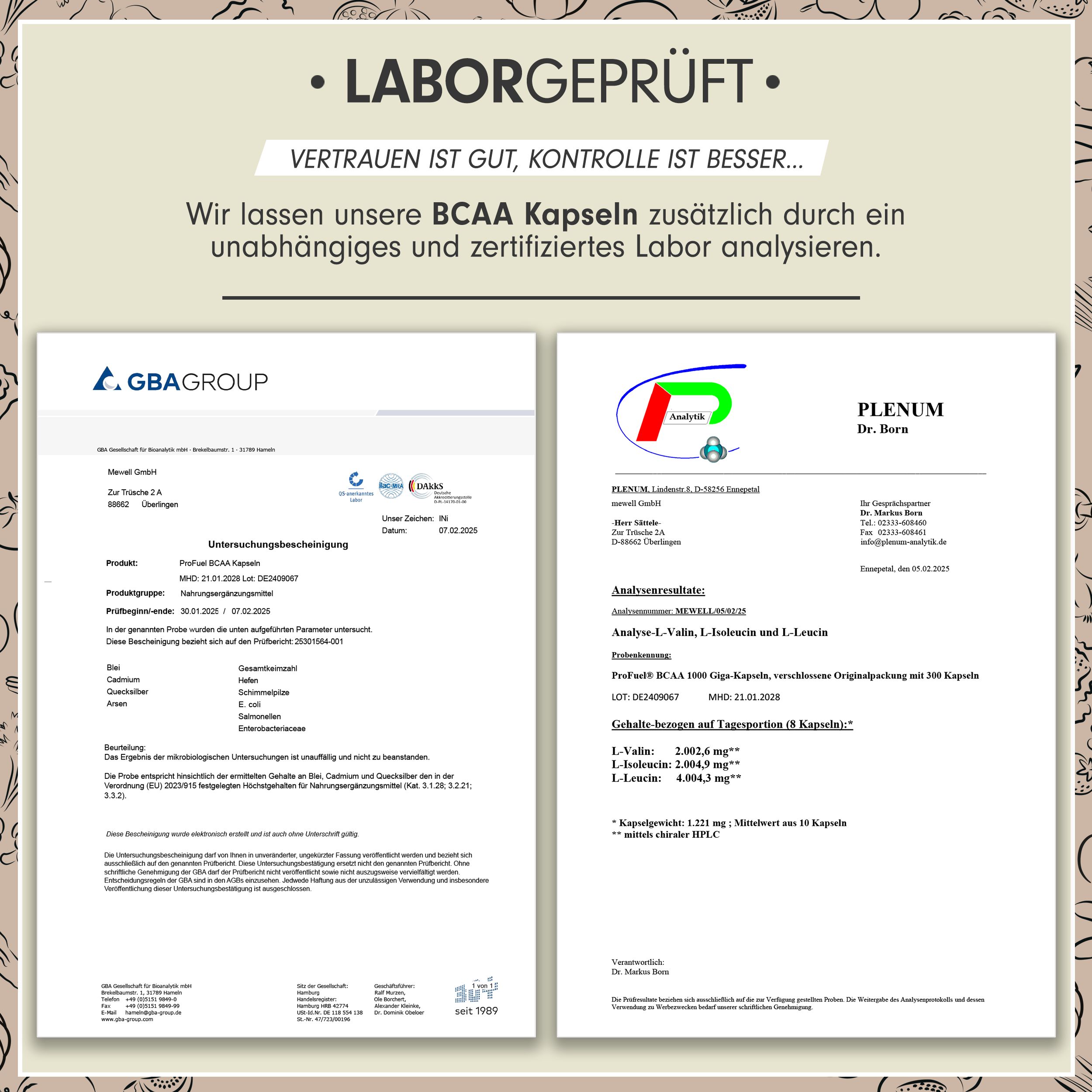 Zwei Laborberichte. Analyseergebnisse von BCAA Kapseln. Zertifizierungen und Qualitätskontrolle.
