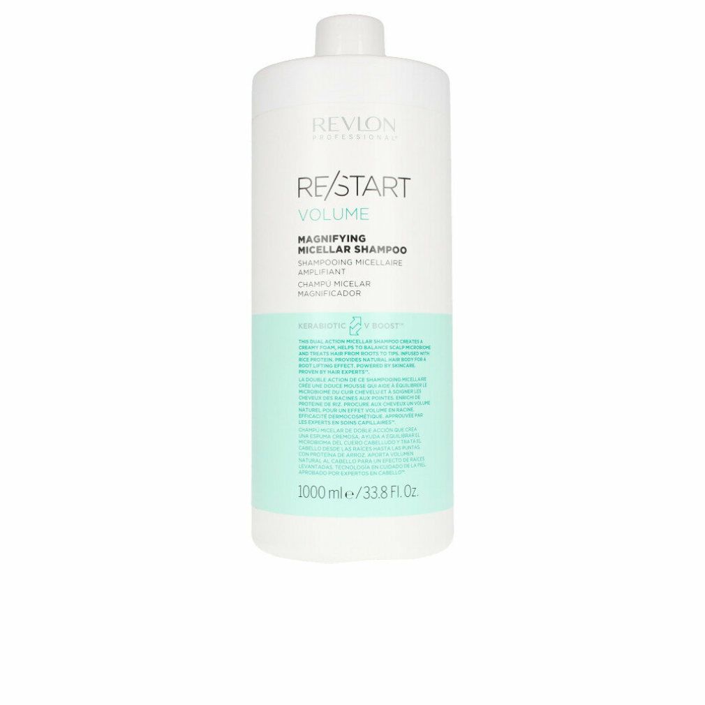 Weißes Shampoo-Behältnis mit grünem Etikett. Text: RE/START VOLUME, Magnifying Micellar Shampoo. 1000 ml.