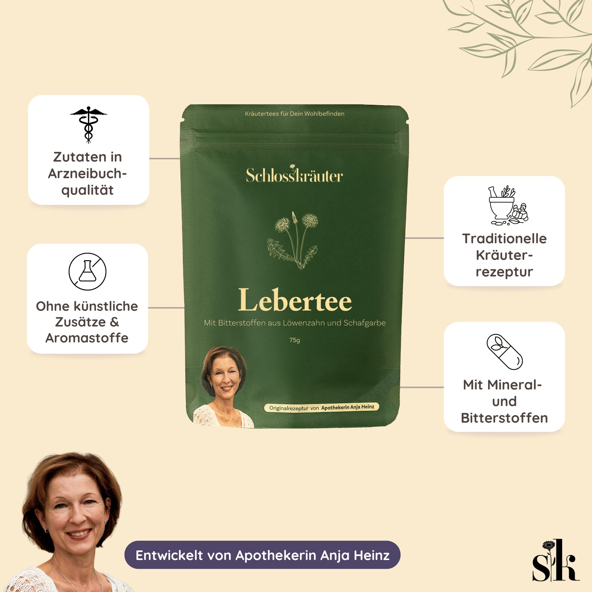 Grüner Beutel Schlosskräuter Lebertee mit Icons. Text: Zutaten in Arzneibuchqualität, ohne künstliche Zusätze, traditionelle Kräuterrezepte.
