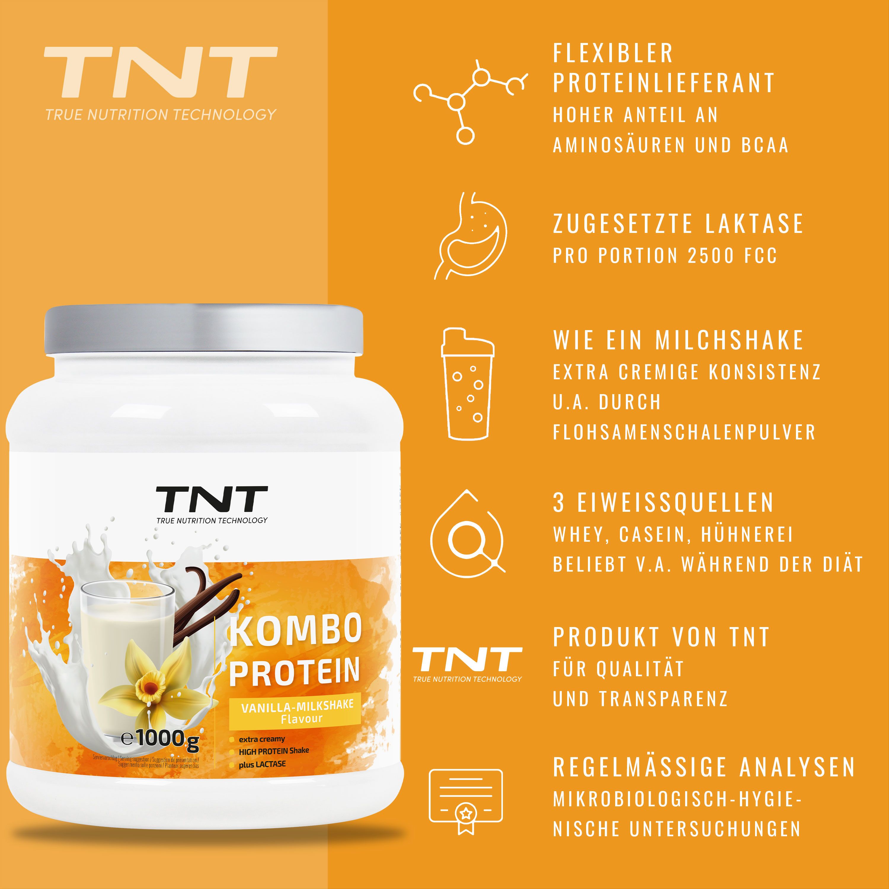 Weißes TNT Kombo Protein-Behälter mit gelbem Hintergrund. Aufschrift: Kombo Protein, Vanille-Milchshake. 1000g. Logos und Text.