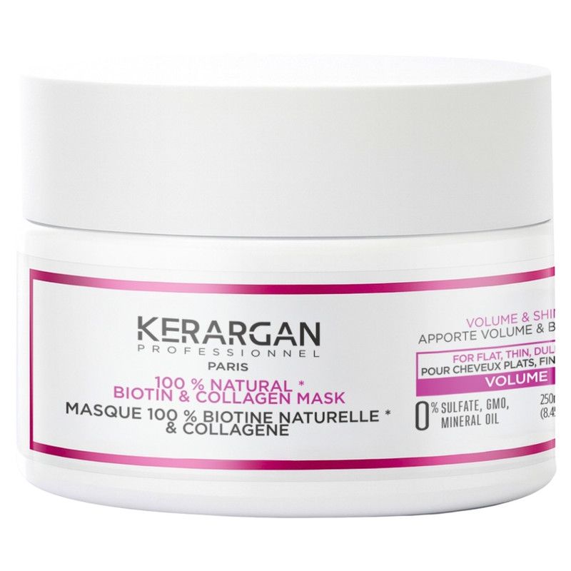 Weiße Dose mit rosa Etikett. Text: Kerargan, Biotin & Collagen Maske. Für Volumen und Glanz. 0% Sulfate, GMO, Mineralöl.