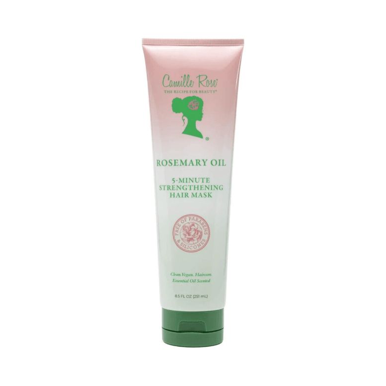 Tube mit Haarmaske. Rosa-weißes Design mit grünem Logo und Text. "Rosemary Oil 5-Minute Strengthening Hair Mask".