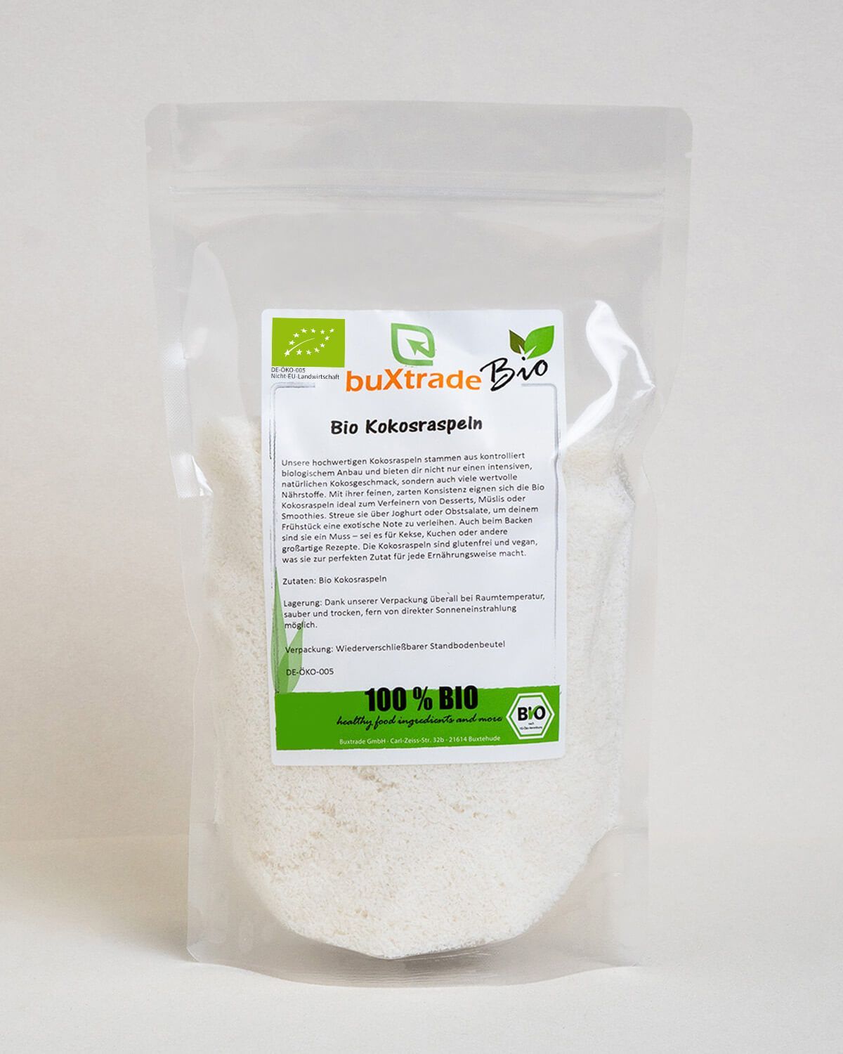 Verpackung mit Bio Kokosraspeln, 100% Bio-Siegel und EU-Bio-Logo.