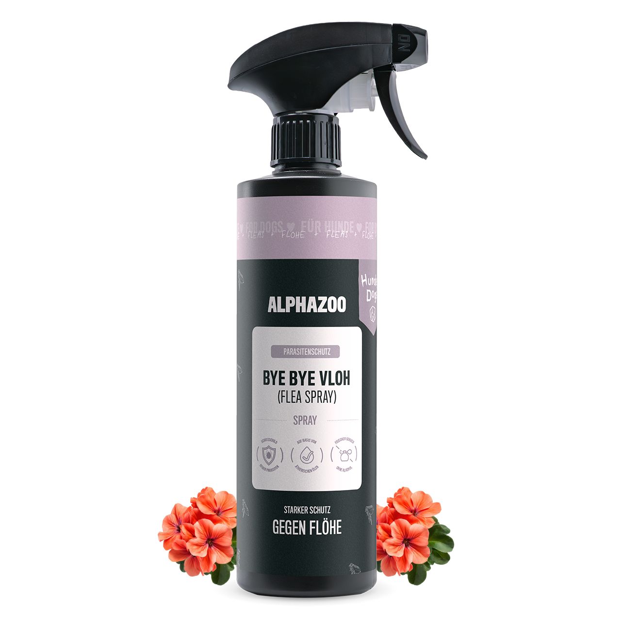 Alphazoo ByeByeVloh Flohspray Flasche mit Sprühkopf und zwei orangen Blüten.