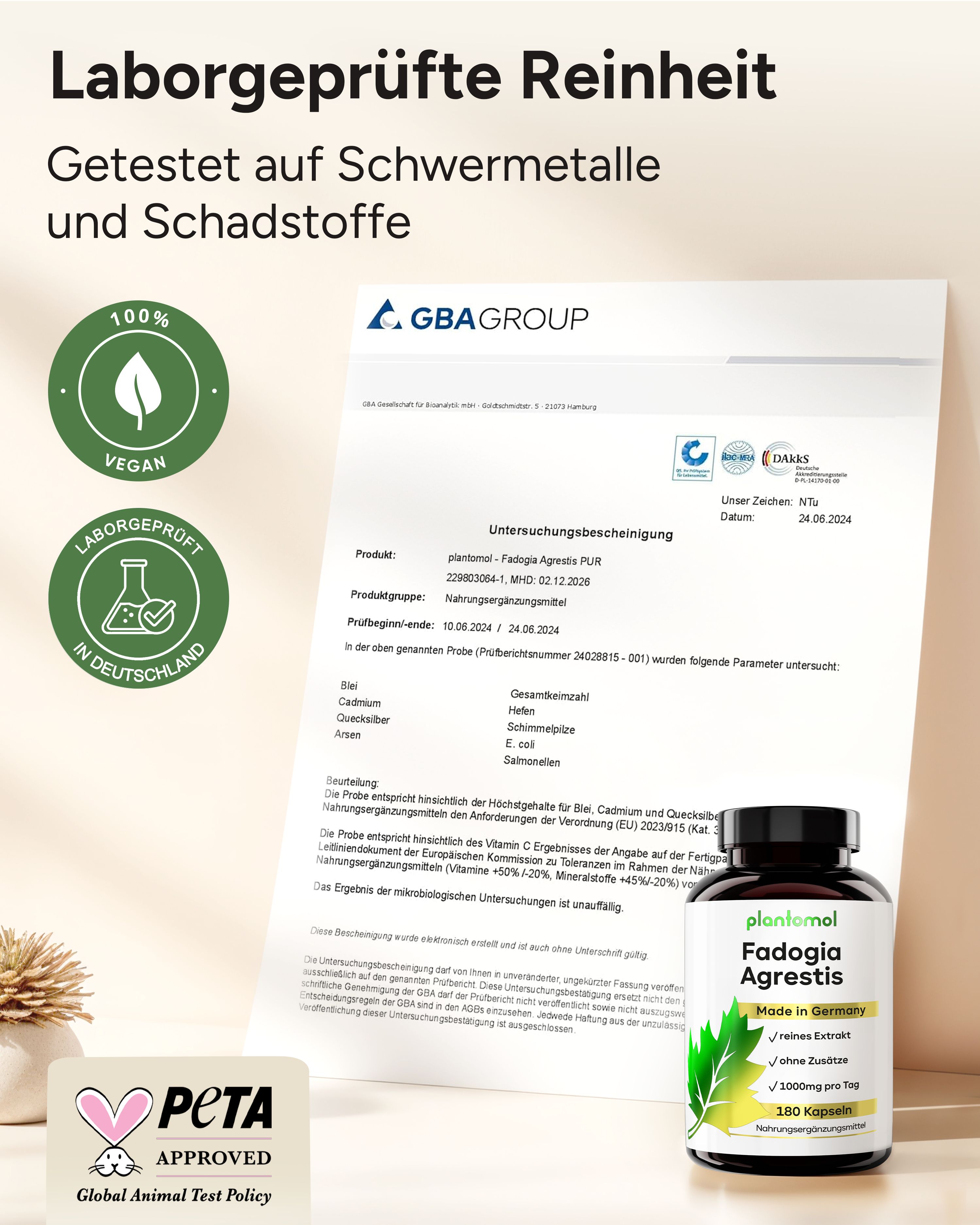 Flasche plantomol® Fadogia Agrestis. Text: Laborgeprüfte Reinheit. Vegan, PETA-Approved. GBA-Zertifikat.