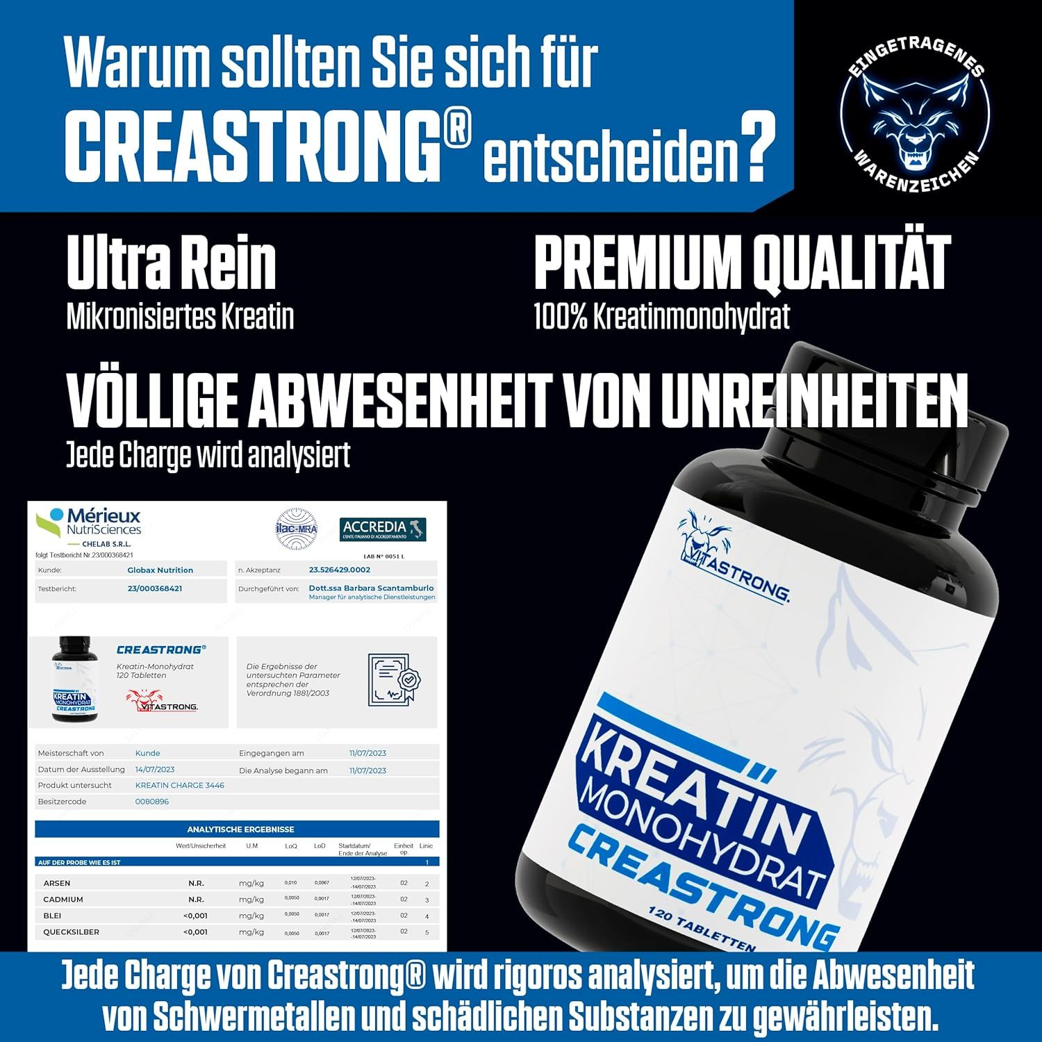 Schwarze Flasche mit weißem Etikett. Text: Kreatin Monohydrat Creastrong, 120 Tabletten. Analyseergebnisse.