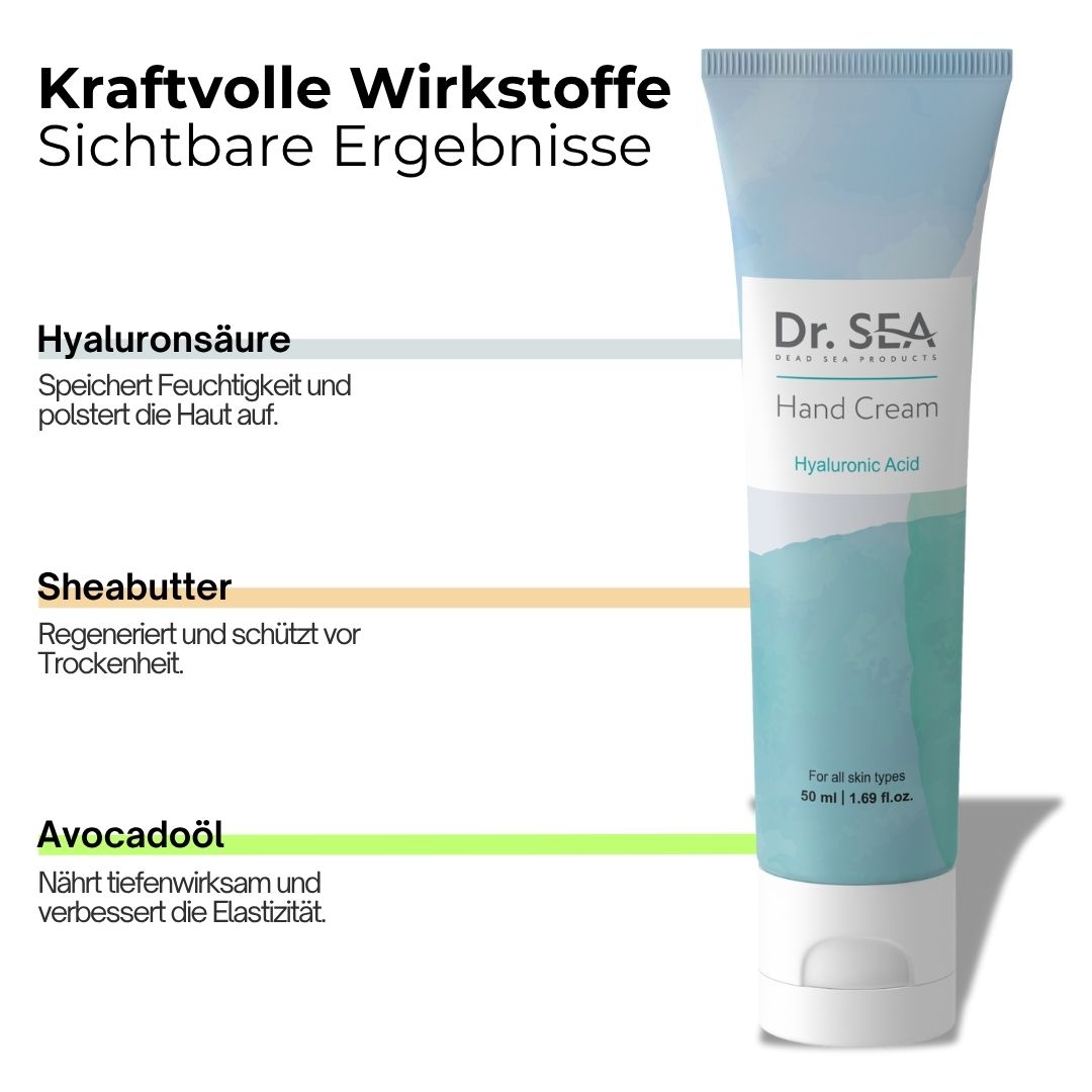Handcreme-Tube mit Text. Text: Hyaluronsäure, Sheabutter, Avocadoöl. Hellblauer Hintergrund. Produktname: Dr. SEA Hand Cream.