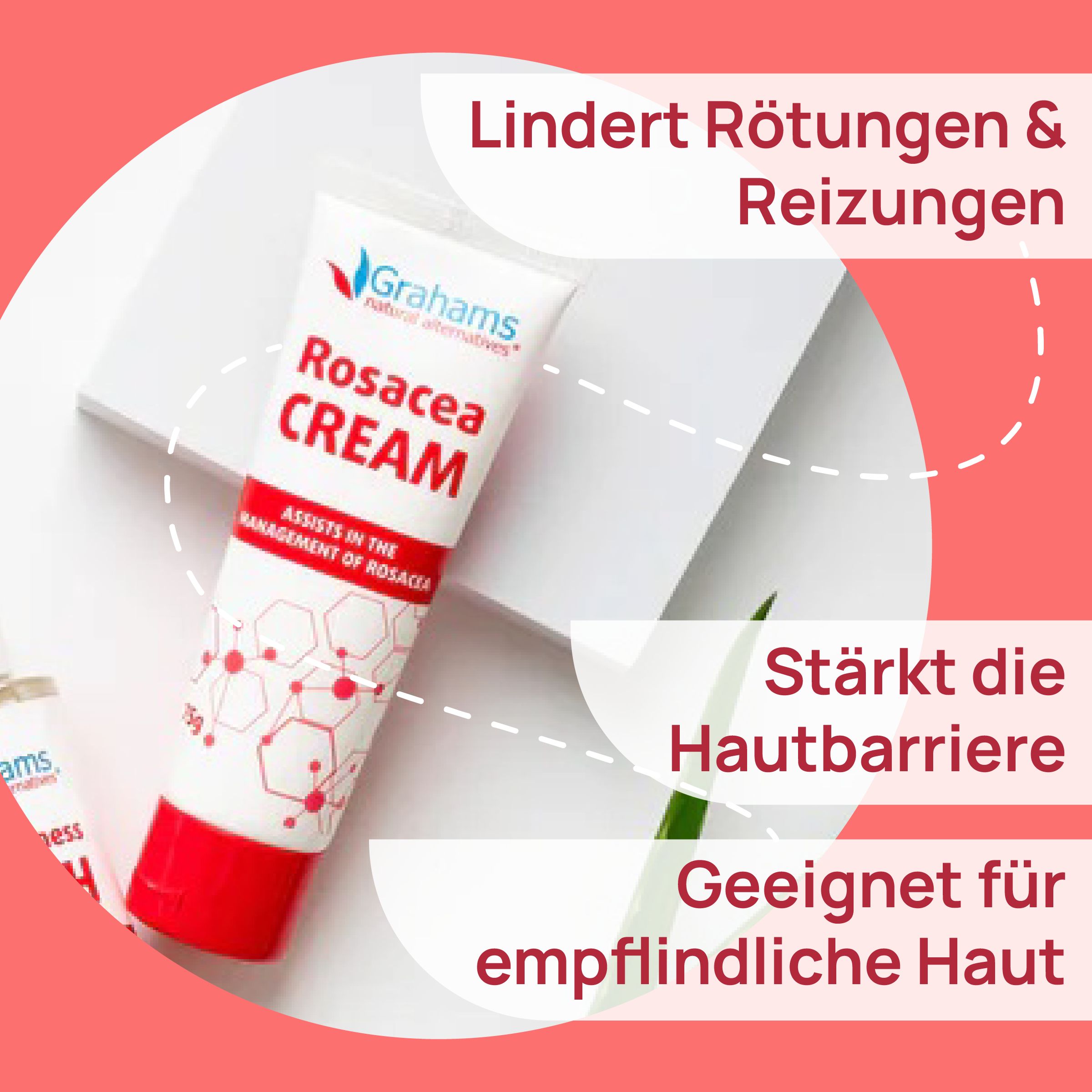 Creme-Tube mit rotem Deckel. Text: Grahams Rosacea CREAM. Hilft bei Rötungen und Reizungen.