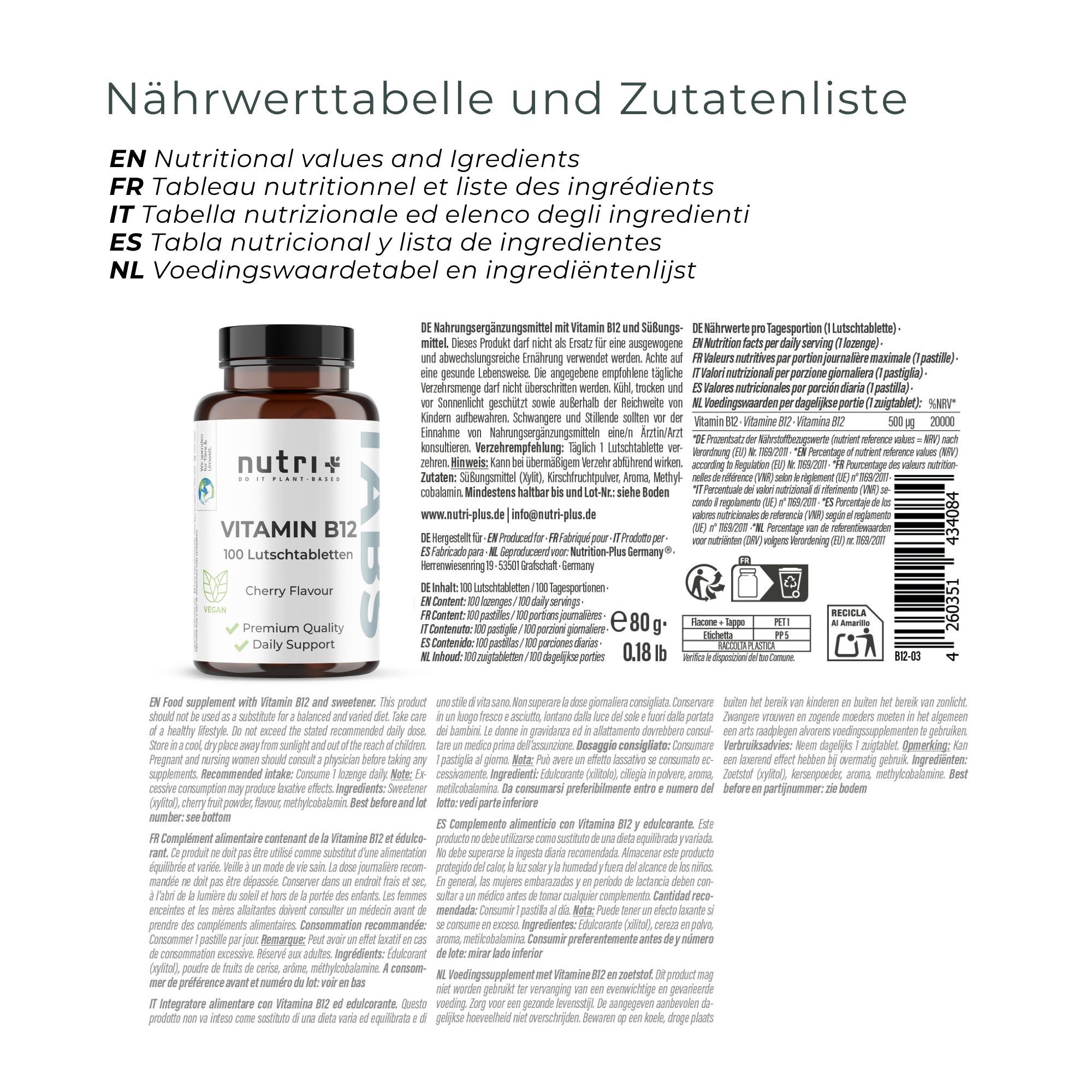 Flasche mit 100 veganen Vitamin B12 Lutschtabletten, Kirschgeschmack, 500 µg pro Tablette.
