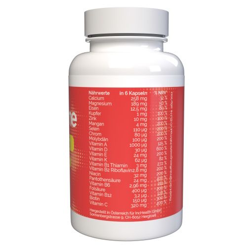 Weiße Flasche mit rotem Etikett. Enthält Nährwertangaben pro 6 Kapseln. Auflistung von Vitaminen und Mineralstoffen.
