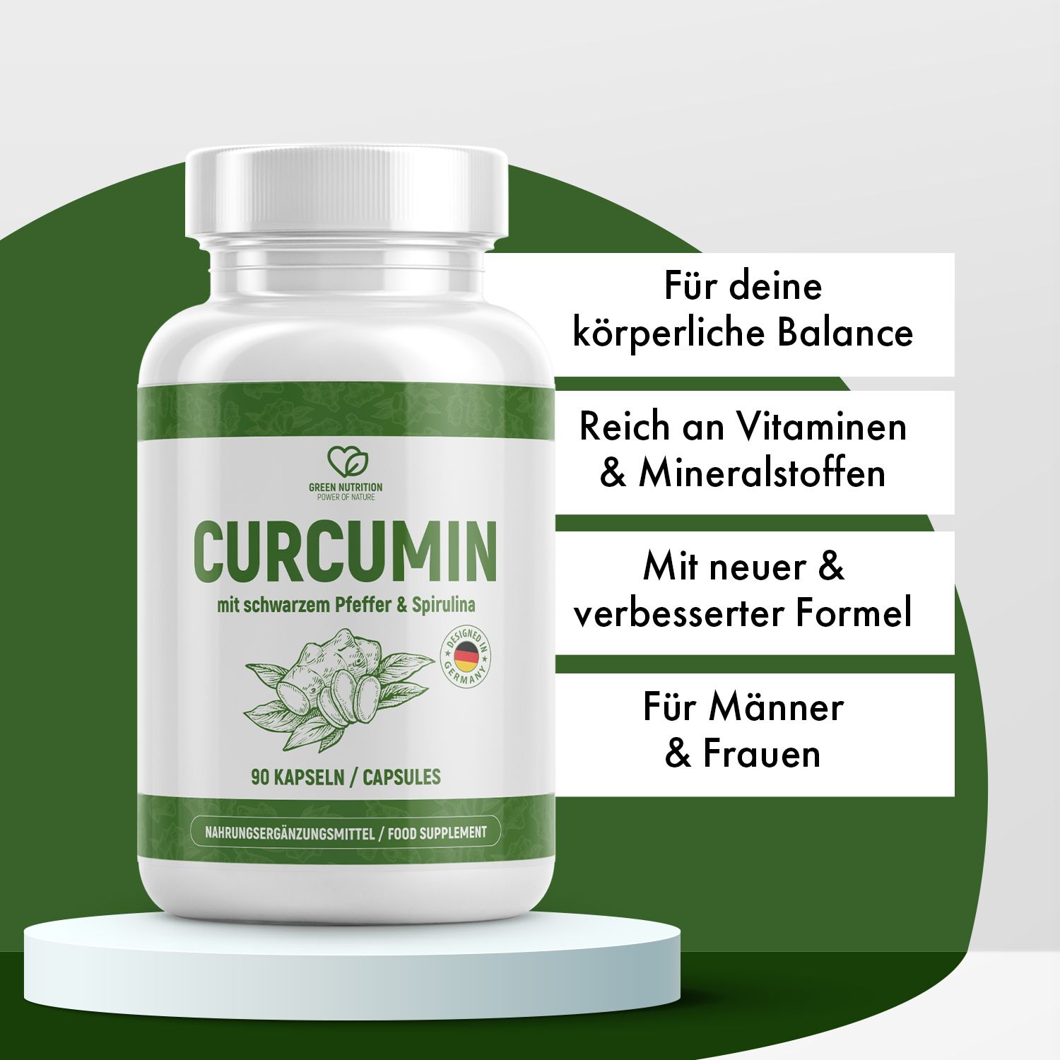 Weiße Flasche mit grüner Beschriftung. CURCUMIN-Kapseln mit schwarzem Pfeffer und Spirulina. Auf Podest. Text: Für deine Balance.