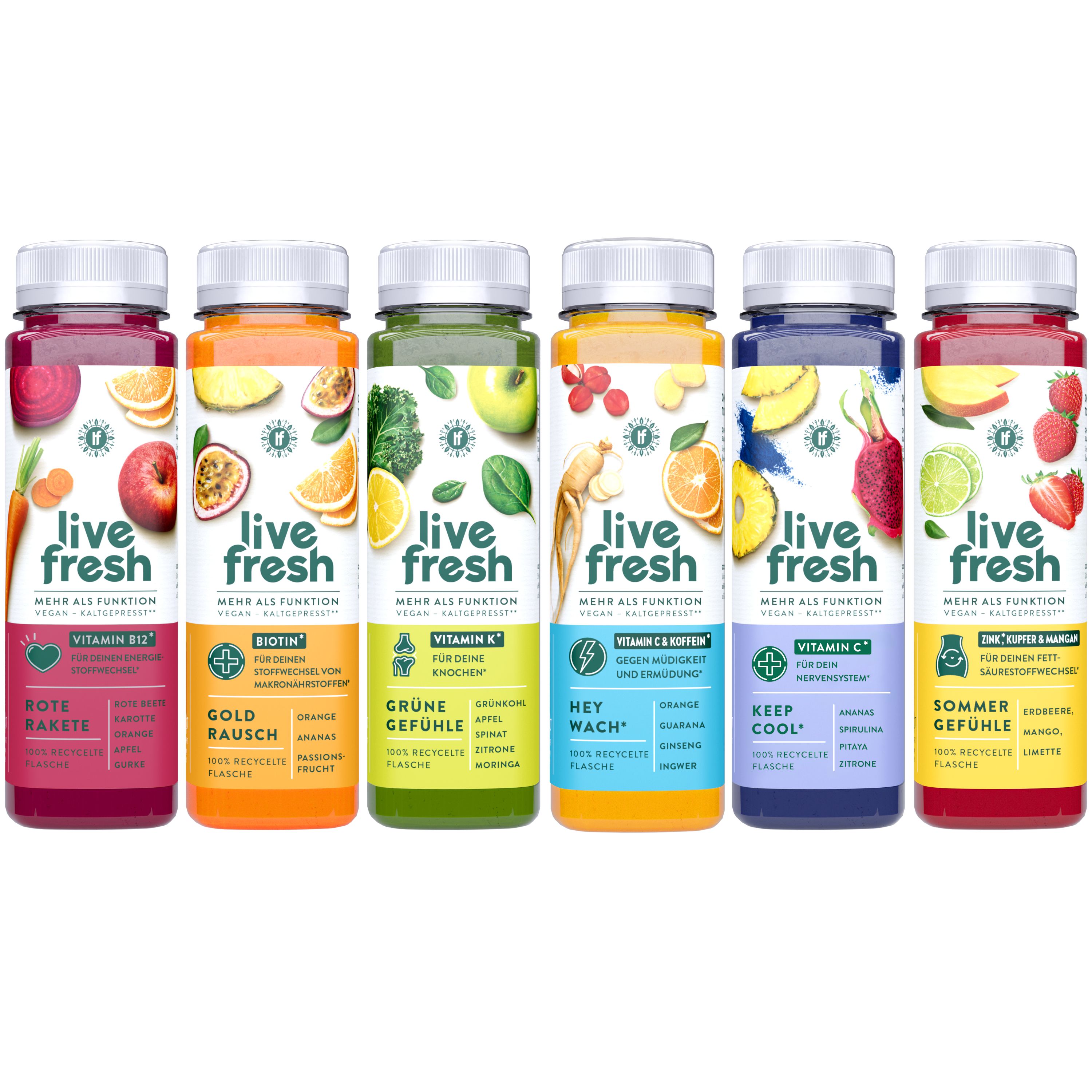 Sechs Flaschen LiveFresh Wellness Säfte. Jede Flasche hat eine andere Farbe und Etikett. Text in deutscher Sprache.