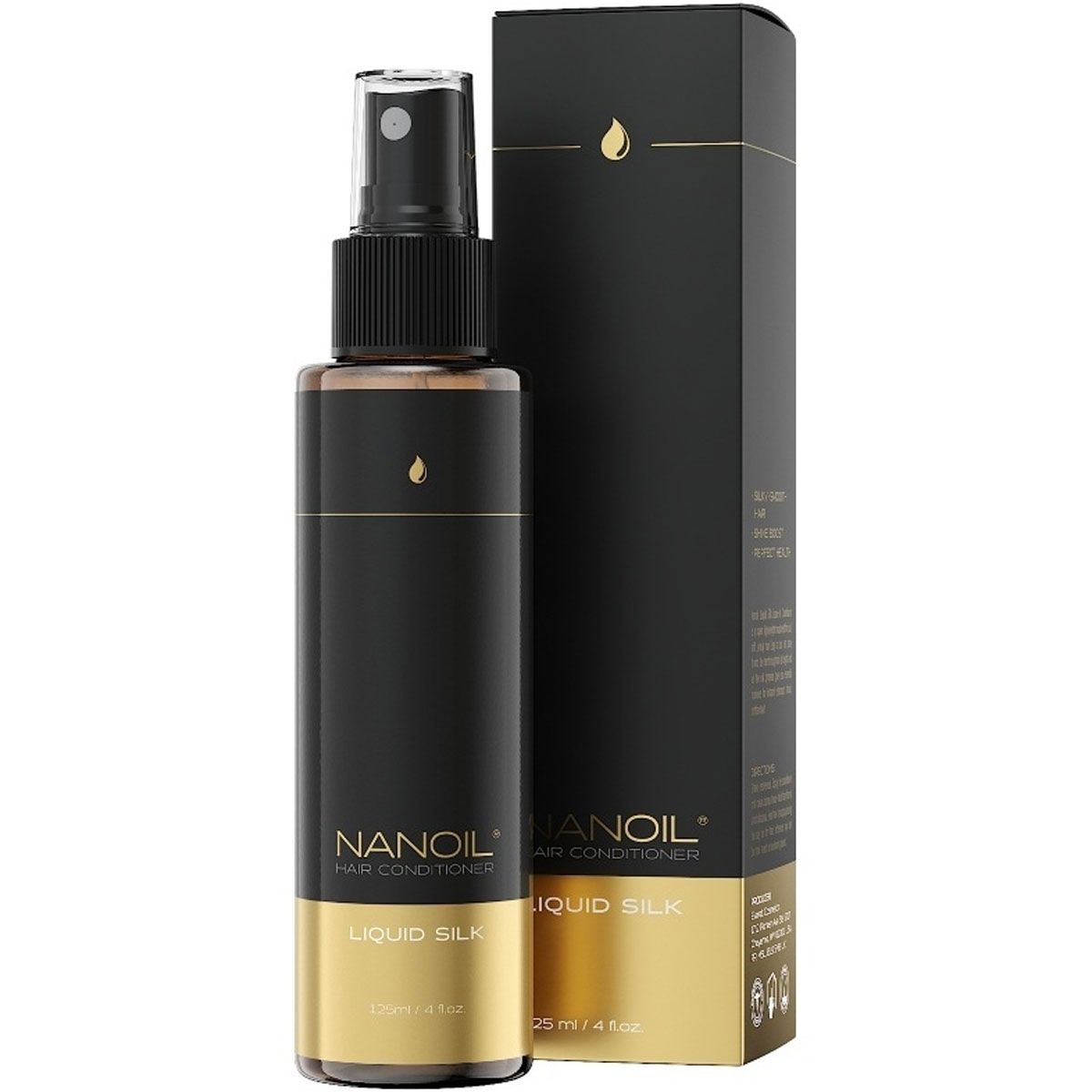 Nanoil Liquid Silk Haarconditioner in schwarzer Sprühflasche mit goldener Banderole und Umverpackung.
