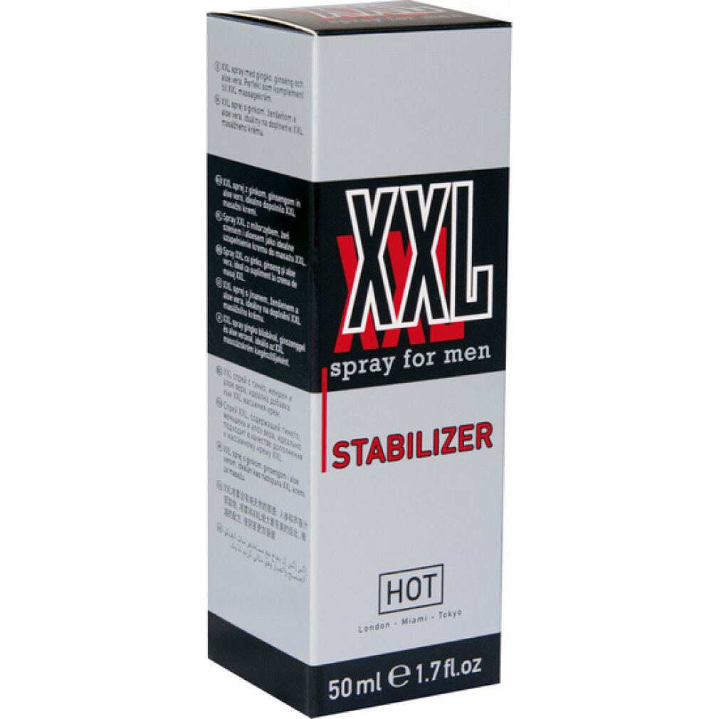 Produktflasche mit Verpackung. Aufschrift: XXL spray for men, Stabilizer, HOT, 50ml.