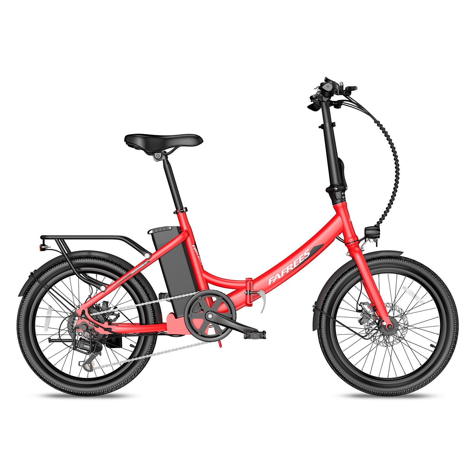 Rotes Fafrees F20Light E-Bike. Schwarze Komponenten, Gepäckträger, Kotflügel. Seitenansicht.