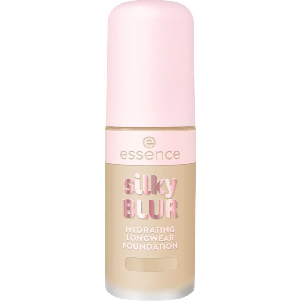 Essence Foundation-Flakon mit rosa Deckel. Aufschrift: Silky Blur, Hydrating Longwear Foundation.
