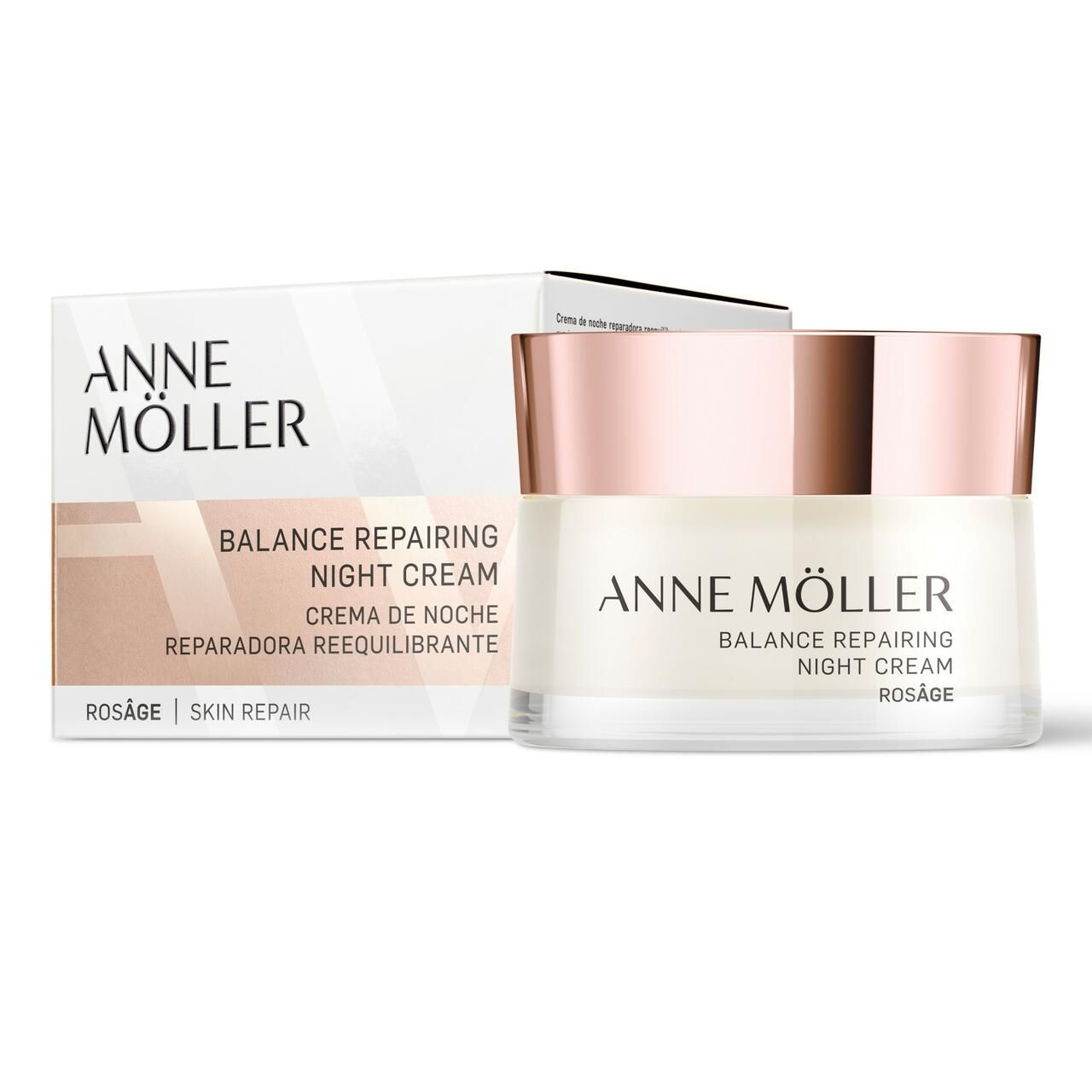 Creme-Glas und Verpackung. Aufschrift: ANNE MÖLLER, BALANCE REPAIRING NIGHT CREAM, ROSÂGE. Verpackung: SKIN REPAIR.