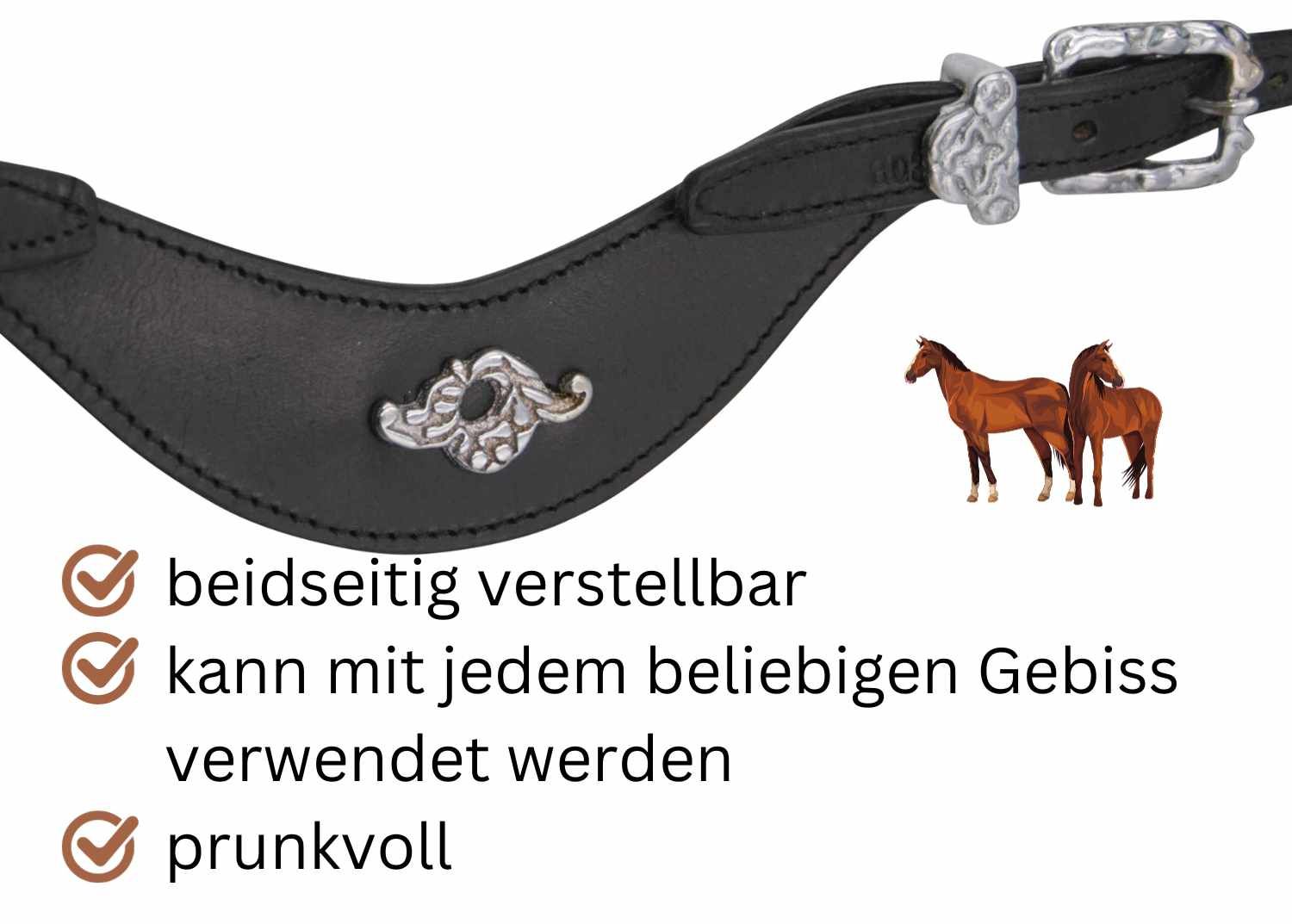 Detail der Trense mit silberfarbenen Verzierungen. Text: beidseitig verstellbar, kann mit jedem beliebigen Gebiss verwendet werden, prunkvoll.