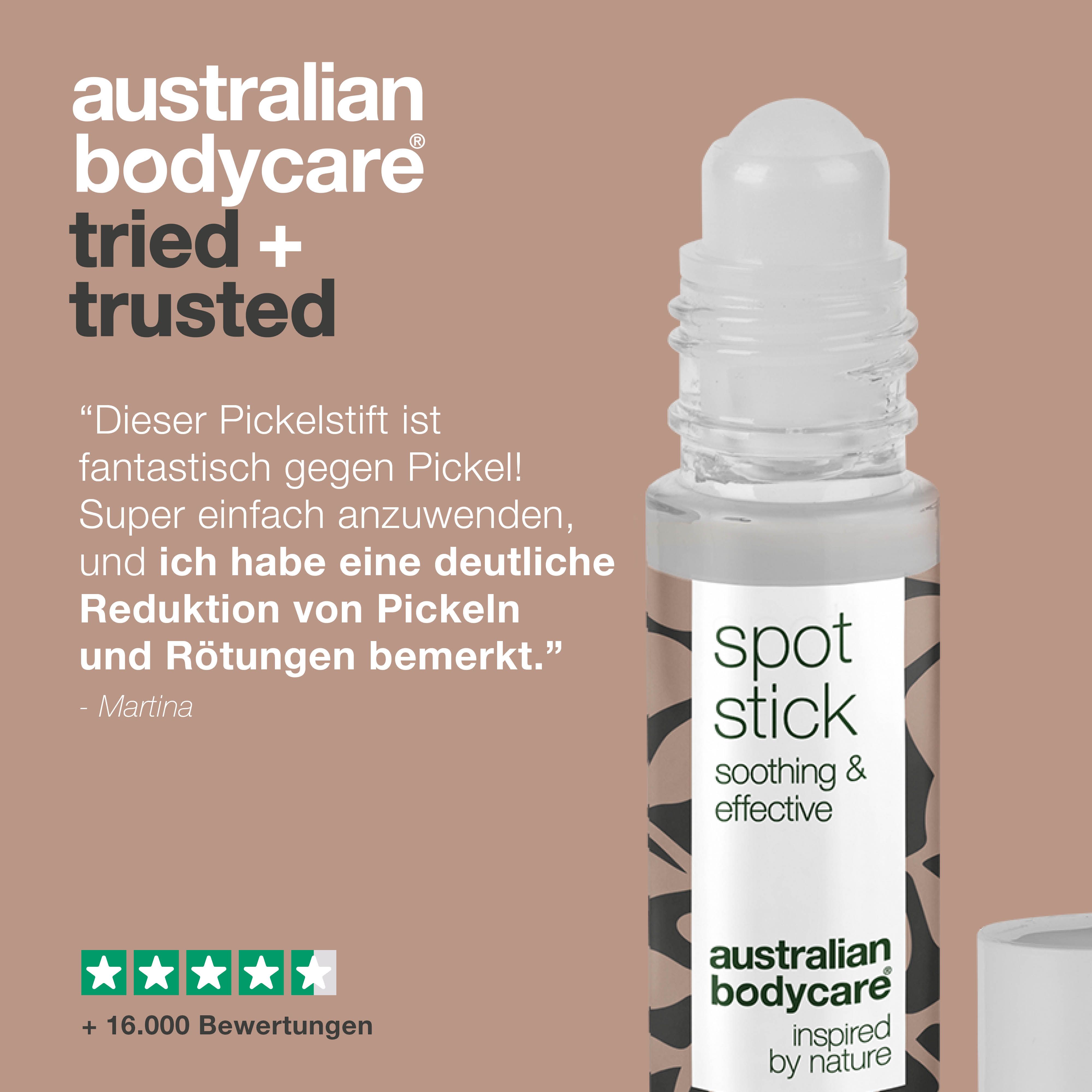 Spot Stick mit weißer Kappe. Text: Dieser Pickelstift ist fantastisch gegen Pickel! Super einfach anzuwenden. +16.000 Bewertungen.