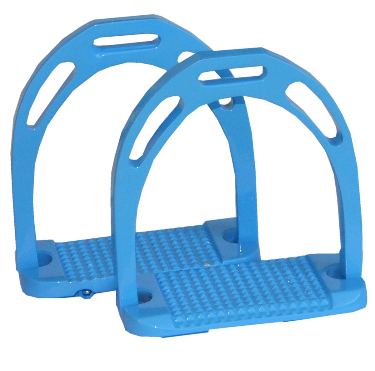 Zwei blaue Steigbügel mit breiter, rutschfester Trittfläche. Aluminium-Konstruktion mit rechteckiger Form und gebogenem Bügel.