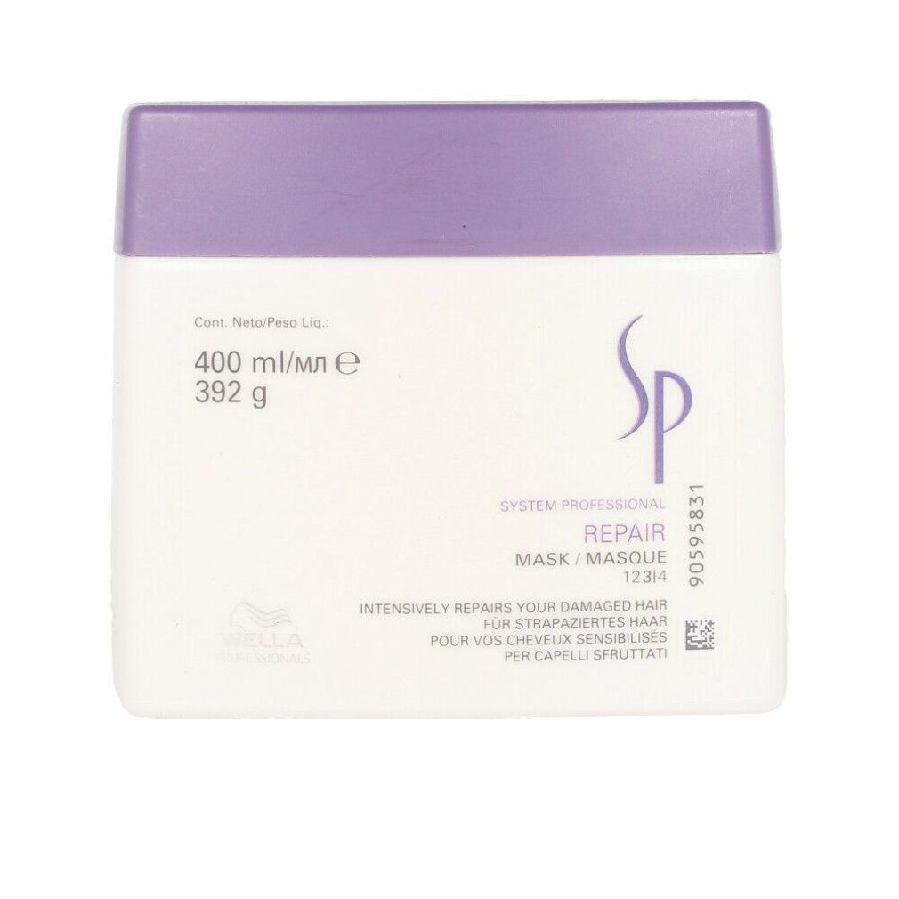 Weißer Tiegel mit lila Deckel. Aufschrift: SP Repair Maske. Volumenangabe: 400 ml. Wella-Logo.