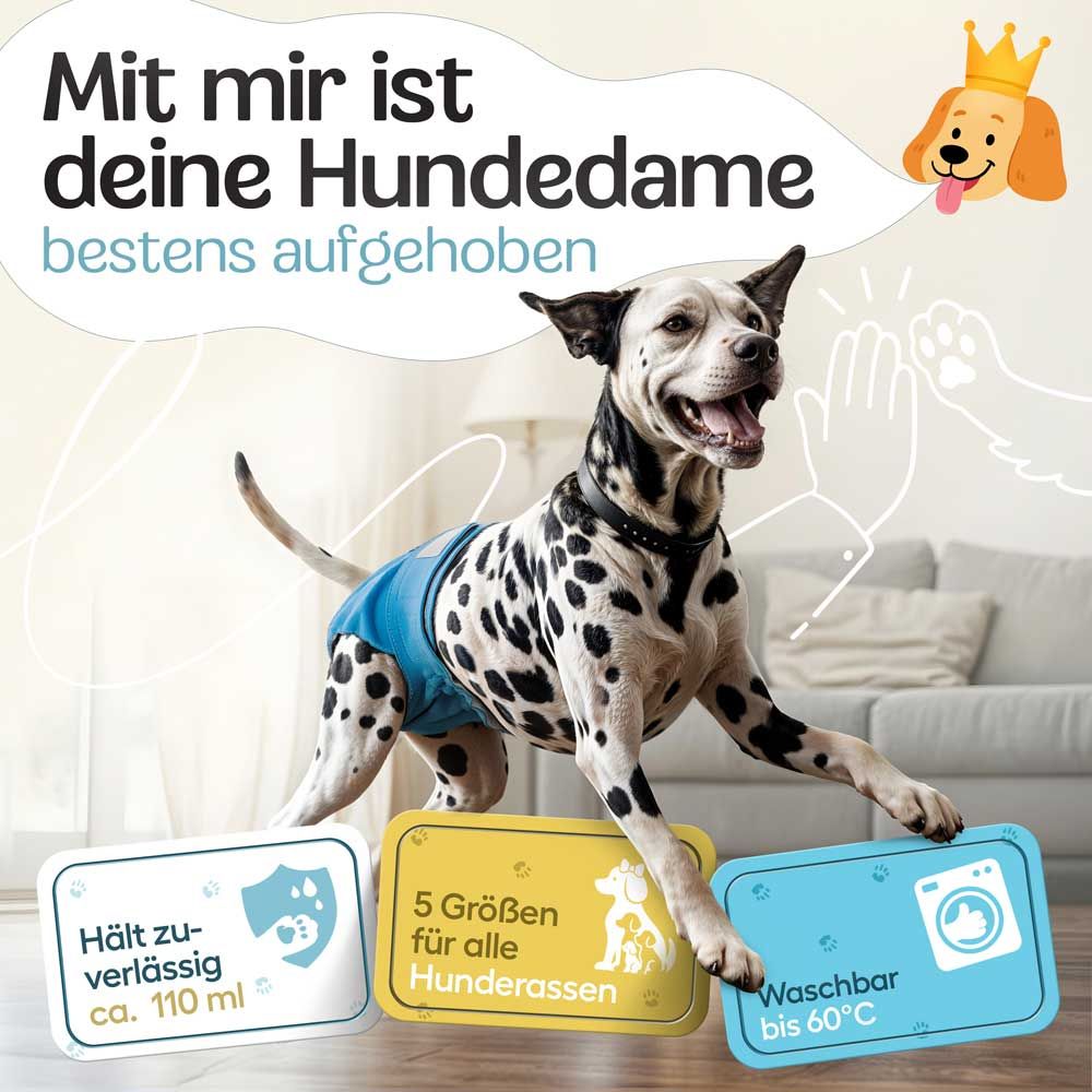 Hund mit blauer Windel. Schild mit Text: Hält zuverl. ca. 110 ml. 5 Größen. Waschbar bis 60°C. Hundedame.