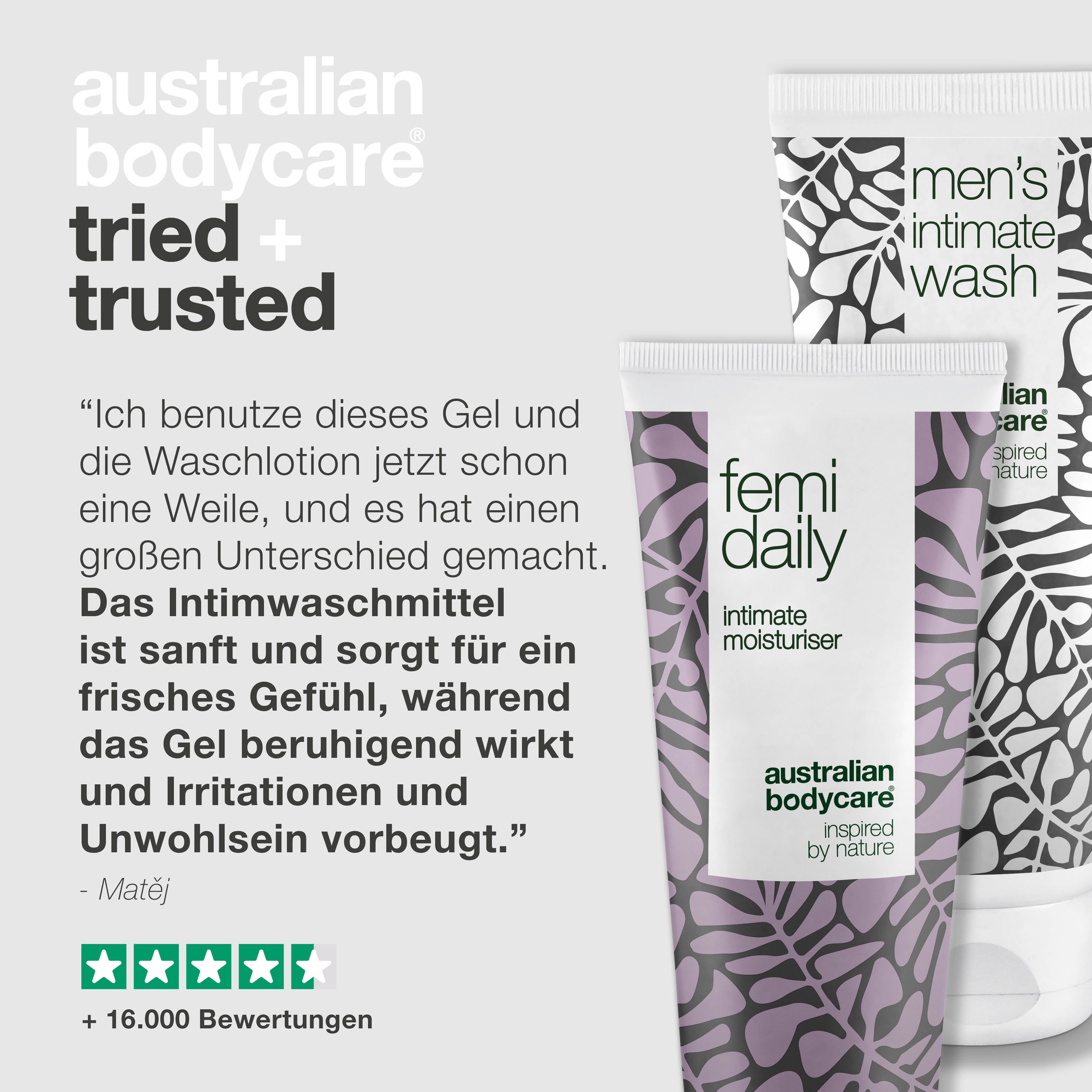 Intimwaschgel und Feuchtigkeitspflege. Zitat und Sternebewertung. Text: Tried + Trusted.