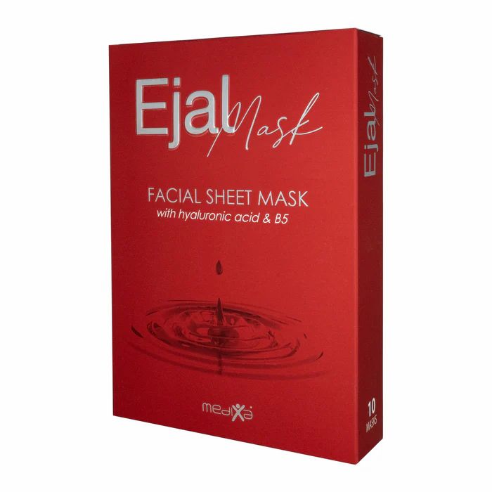 Rote Verpackung mit "Ejal Mask"-Schriftzug. Enthält "Facial Sheet Mask" mit Hyaluronsäure & B5. 10 Masken. Marke: medixa.