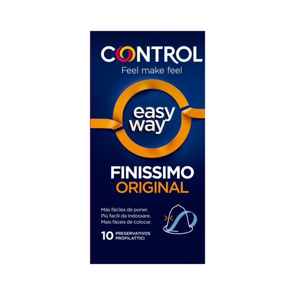 Vorderseite einer Packung Control Finissimo Original Kondome, 10 Stück. Mit "easy way" Logo.