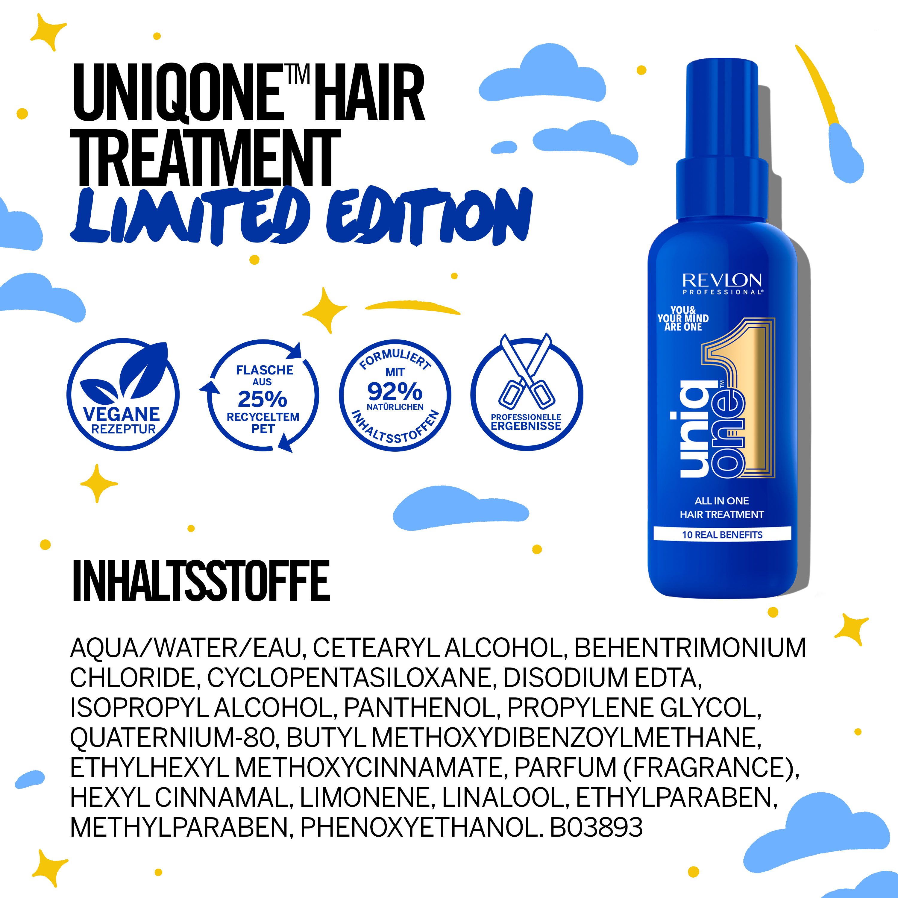 Blaue Flasche UniqOne Hair Treatment Limited Edition. Text: Inhaltsstoffe, vegan, 25% recyceltes PET, 92% Inhaltsstoffe natürlichen Ursprungs.