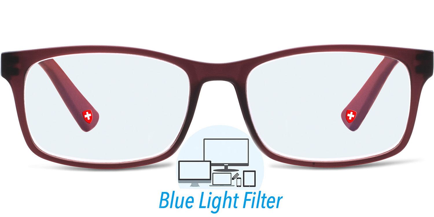 Brille mit rechteckigem Rahmen, burgunderrot. Schweizer Kreuz auf den Bügeln. Blaulichtfilter-Logo.