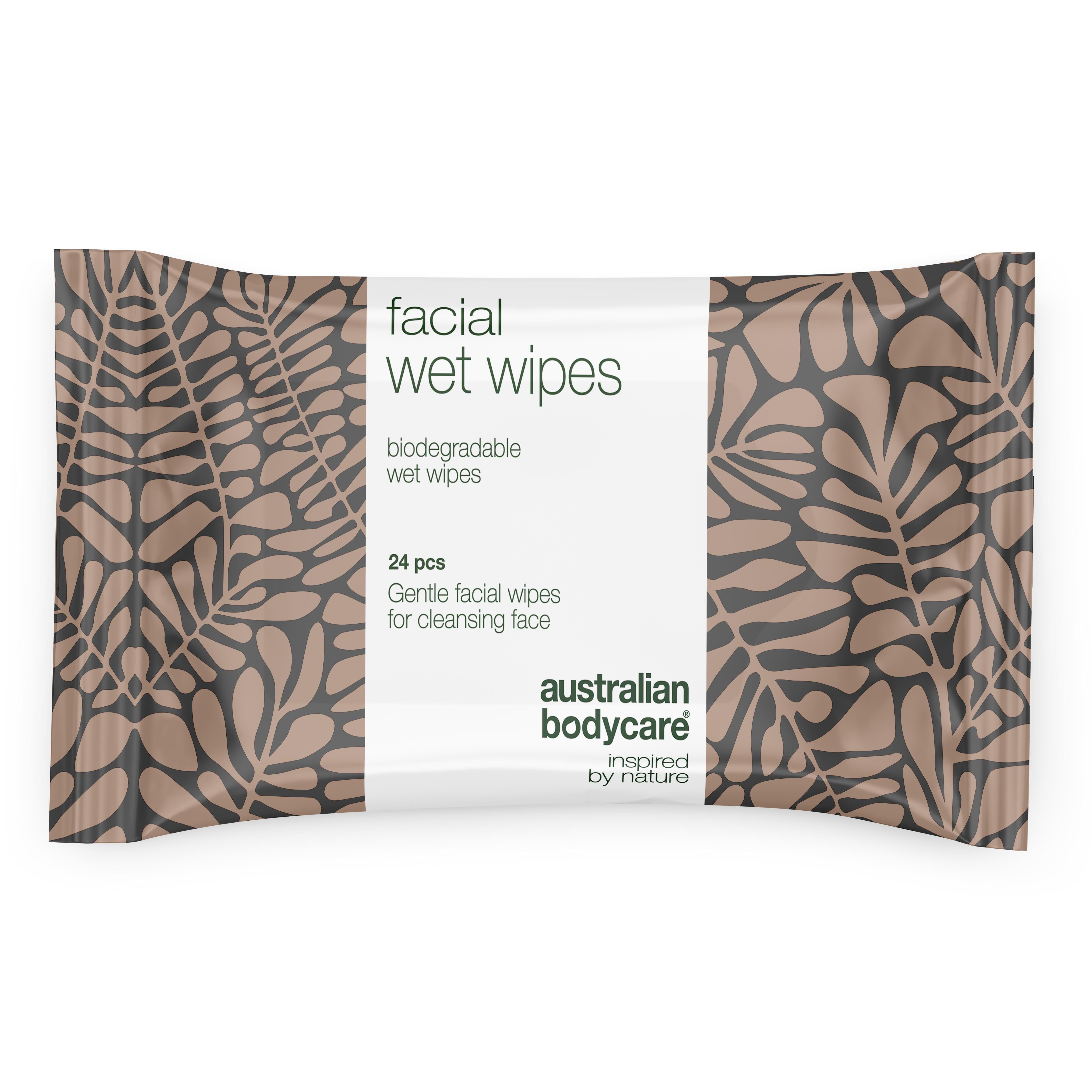 Verpackung mit Abschminktüchern. Enthält 24 Stück. Marke: Australian Bodycare.