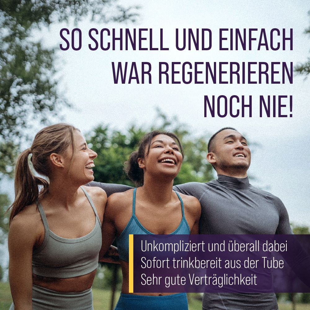 Drei Personen lachen. Text: So schnell und einfach war Regenerieren noch nie! Sofort trinkbereit aus der Tube. Sehr gute Verträglichkeit.