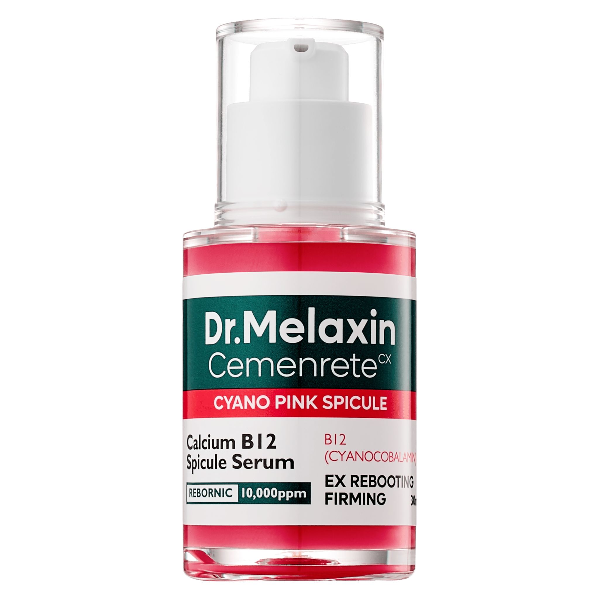Rosa Serumflasche mit weißem Pumpkopf. Aufschrift: Dr.Melaxin Cemenrete Cyano Pink Spicule Serum.