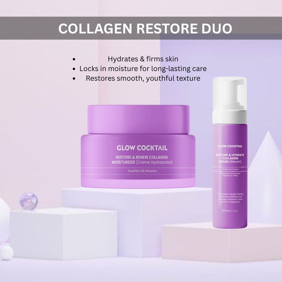 Zwei lila Kosmetikprodukte auf Podest. Aufschrift: Glow Cocktail, Restore & Renew Collagen. Text: Collagen Restore Duo.
