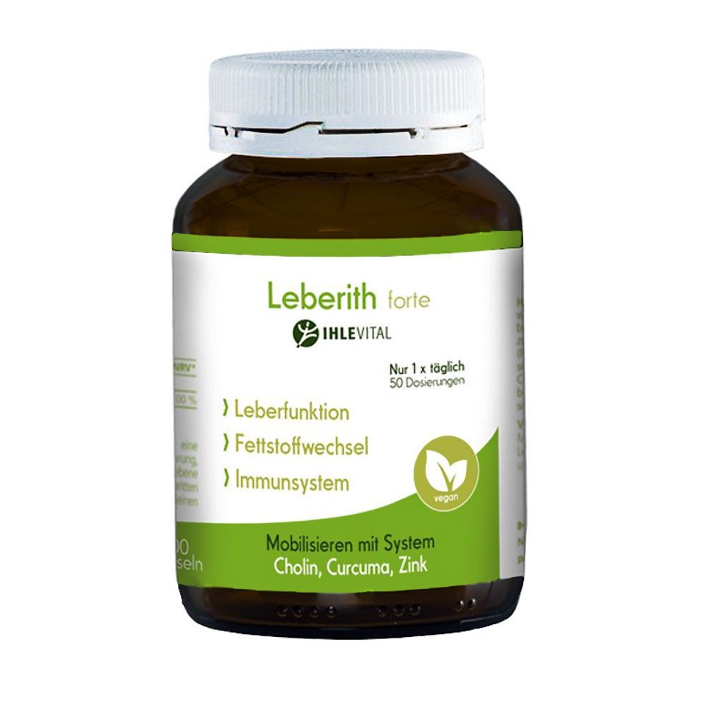 Braune Glasflasche mit weißen Deckel. Aufschrift: Leberith forte, IHLEVITAL. Grün-weiße Etikett mit Produktinformationen und Vegan-Siegel.