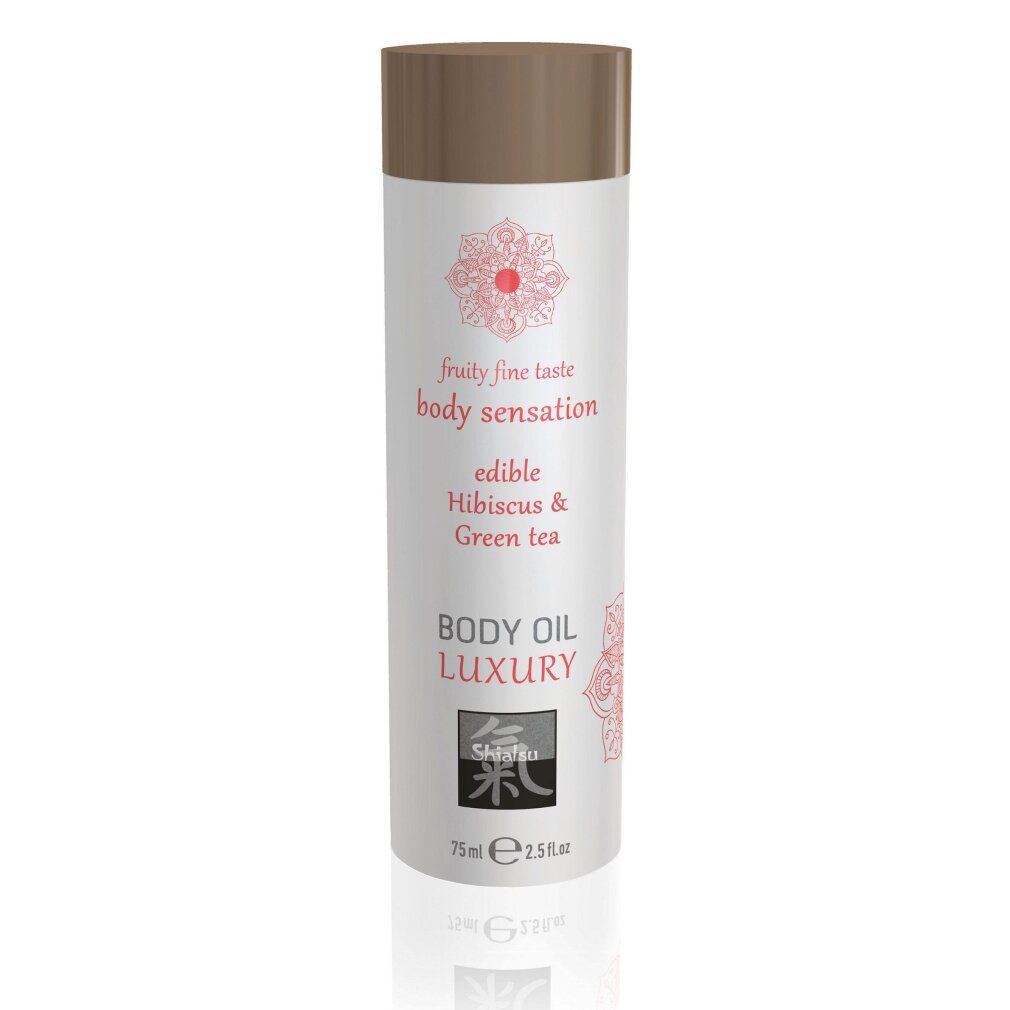 Zylindrische Flasche mit braunem Deckel. Aufschrift: Body Oil Luxury, Hibiskus & Grüntee. Logo und Text in Rosa.