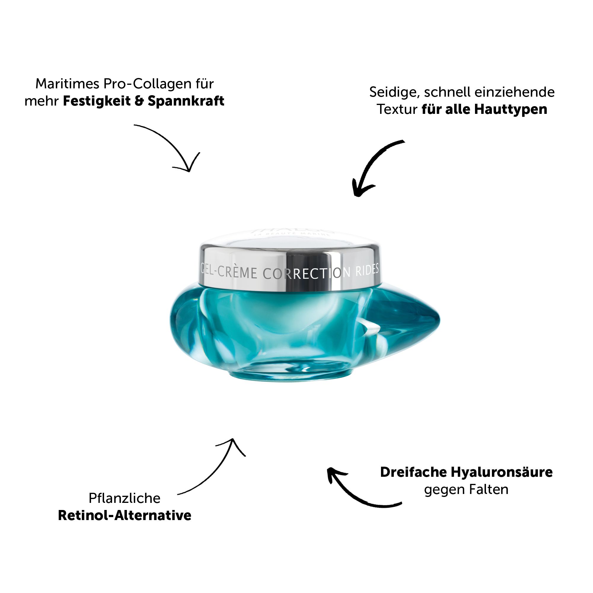 Faltenkorrigierende Gel-Creme mit Hinweisen zu maritimen Pro-Collagen, seidiger Textur und Hyaluronsäure.