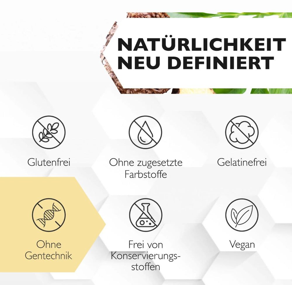 Grafik mit Symbolen: Glutenfrei, ohne Farbstoffe, gelatinefrei, ohne Gentechnik, ohne Konservierungsstoffe, vegan.
