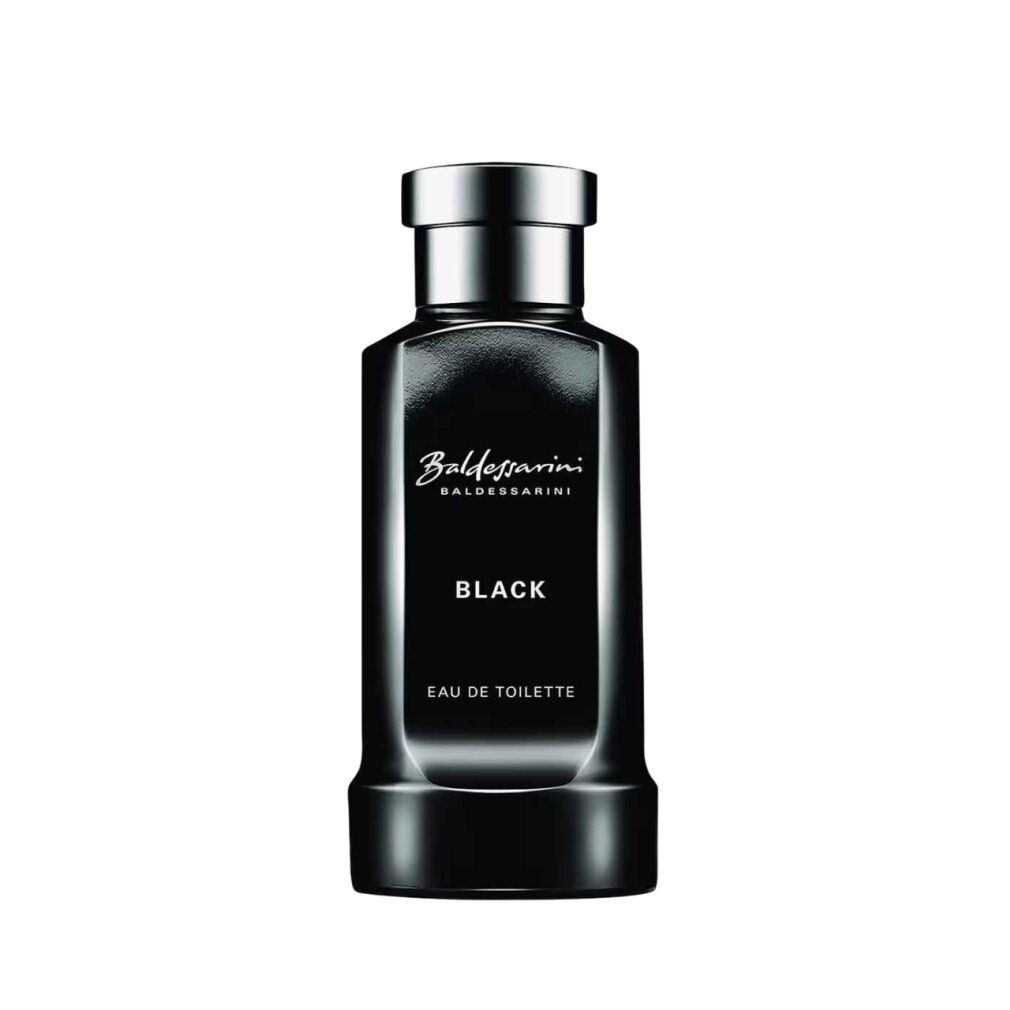 Schwarze Flasche. Aufschrift: Baldessarini Black Eau de Toilette. Silberner Deckel.